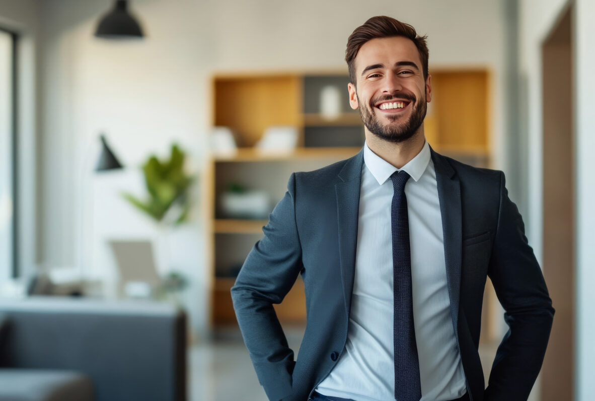 Ein lächelnder Geschäftsmann in einem modernen Büroambiente steht selbstbewusst vor einem Regal mit Pflanzen und Dekorationselementen. Die entspannte und professionelle Atmosphäre wird durch die offene Raumgestaltung unterstrichen.