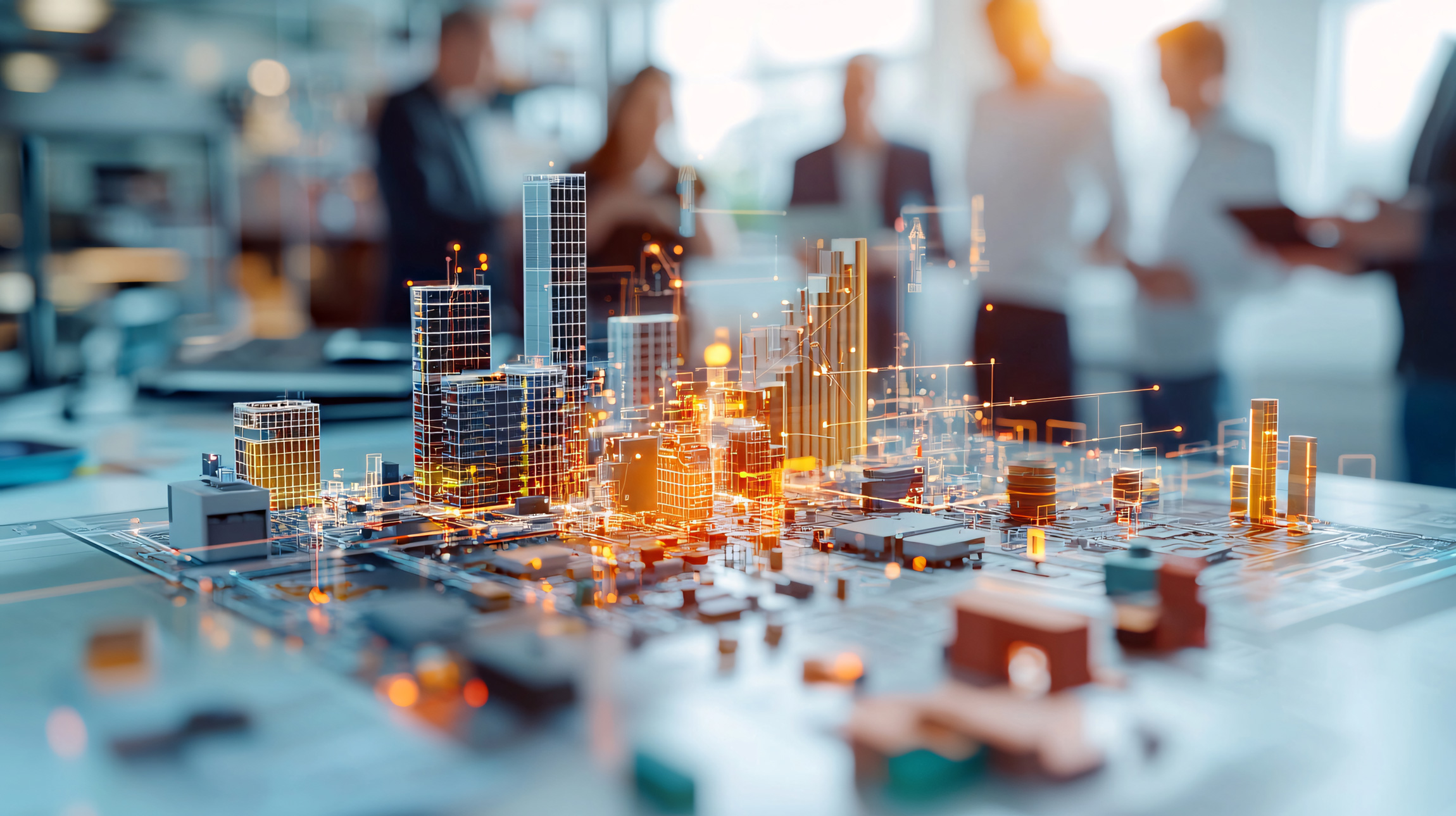 Ein digitales 3D-Stadtmodell mit leuchtenden Netzwerken und Datenpunkten symbolisiert moderne Stadtplanung und Technologie. Im Hintergrund sind unscharf Menschen in einer Besprechung zu sehen.