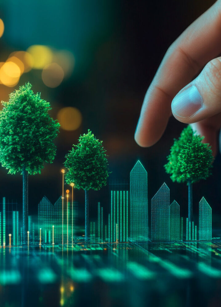 Digitale Stadtlandschaft mit holografischen Gebäuden, in die eine Hand kleine Bäume einfügt, symbolisierend nachhaltige Stadtentwicklung.