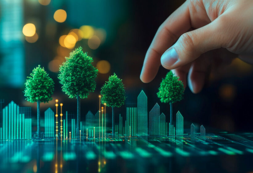 Digitale Stadtlandschaft mit holografischen Gebäuden, in die eine Hand kleine Bäume einfügt, symbolisierend nachhaltige Stadtentwicklung.