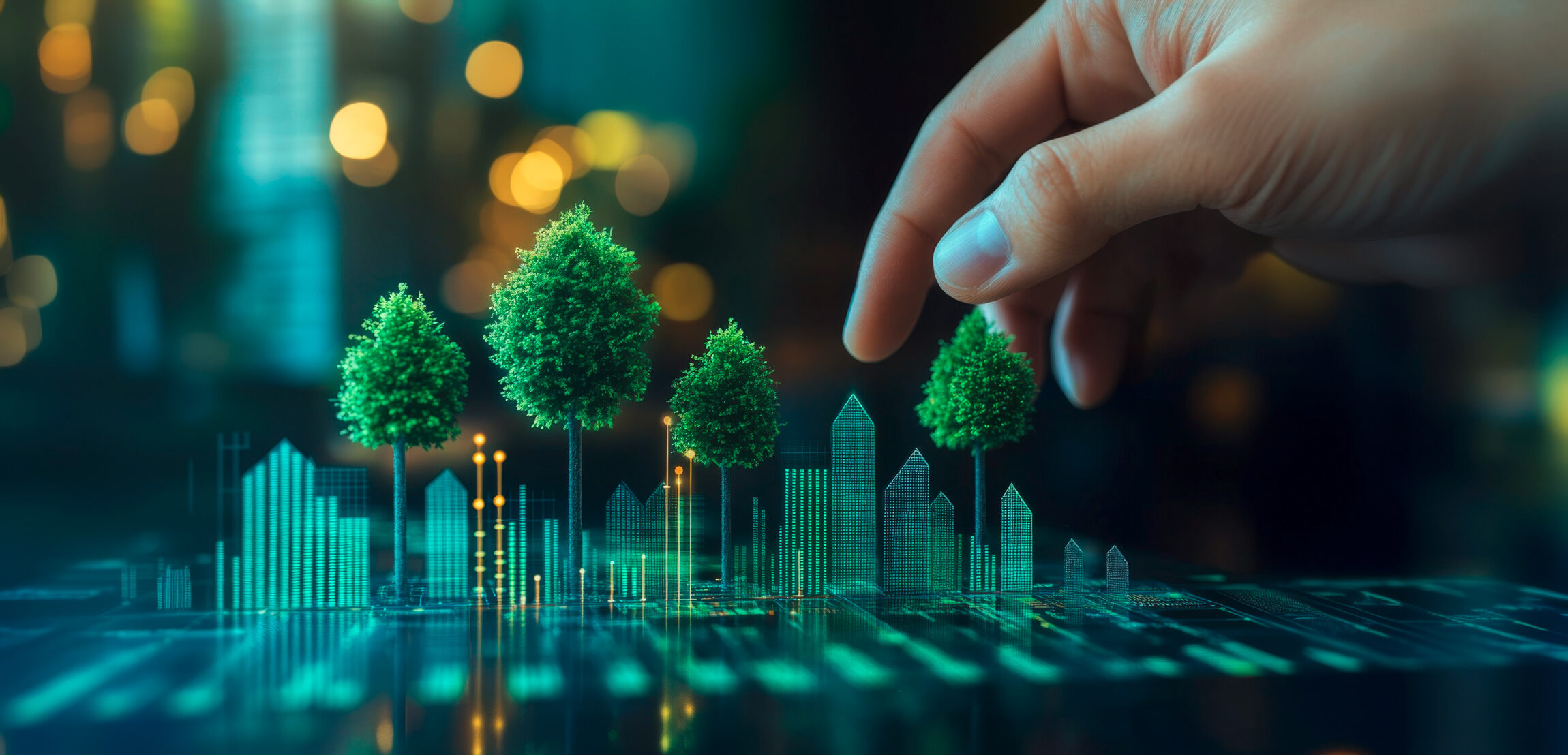 Digitale Stadtlandschaft mit holografischen Gebäuden, in die eine Hand kleine Bäume einfügt, symbolisierend nachhaltige Stadtentwicklung.