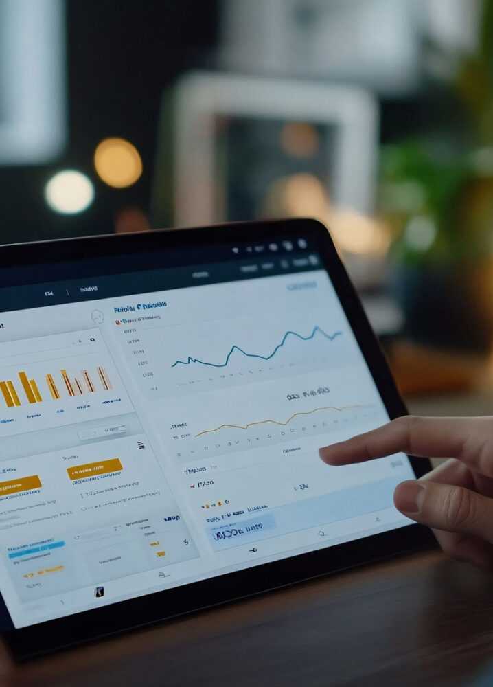 Person bedient ein Tablet mit einem Dashboard voller Balken-, Linien- und Kreisdiagramme, während eine warme Lichtquelle im Hintergrund die Szene beleuchtet.