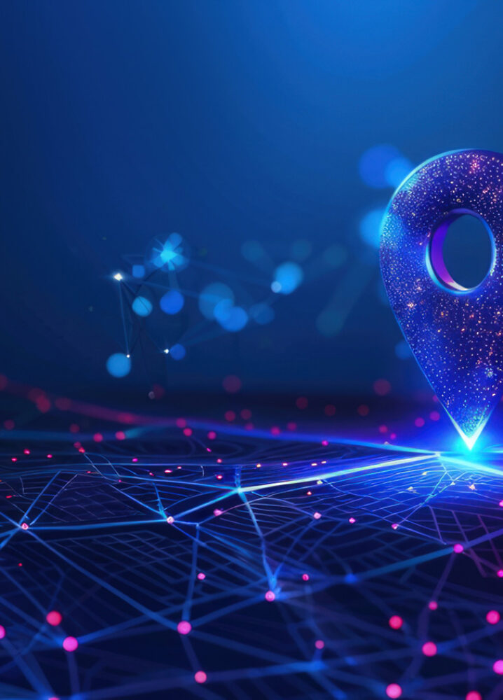 Ein leuchtendes Standortsymbol in Form eines Pins, eingebettet in ein digitales Netzwerk aus blauen und violetten Linien und Punkten auf dunklem Hintergrund.