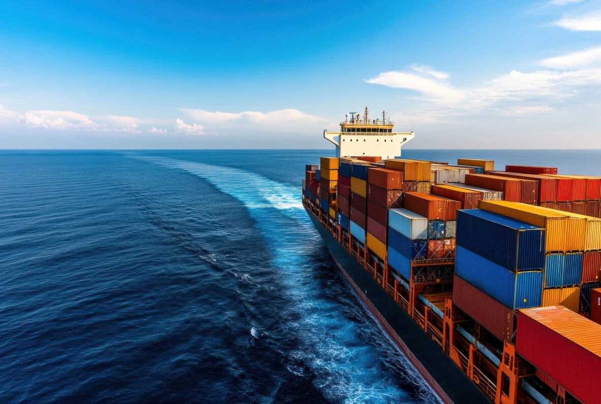 Frachtschiff mit Containern in verschiedenen Farben fährt durch das weite, blaue Meer und hinterlässt eine weiße Bugwelle.