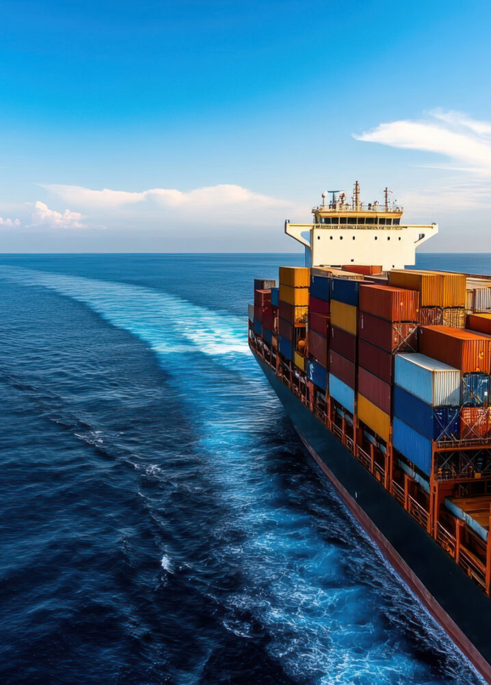 Frachtschiff mit Containern in verschiedenen Farben fährt durch das weite, blaue Meer und hinterlässt eine weiße Bugwelle.