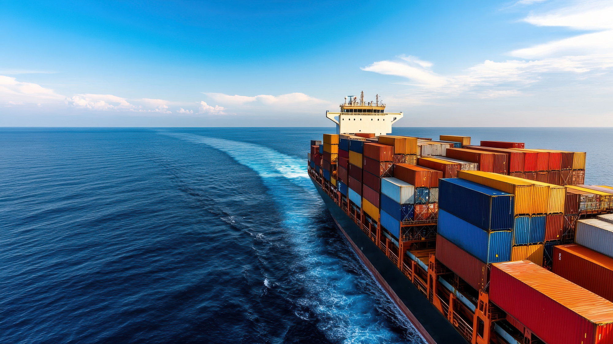 Frachtschiff mit Containern in verschiedenen Farben fährt durch das weite, blaue Meer und hinterlässt eine weiße Bugwelle.