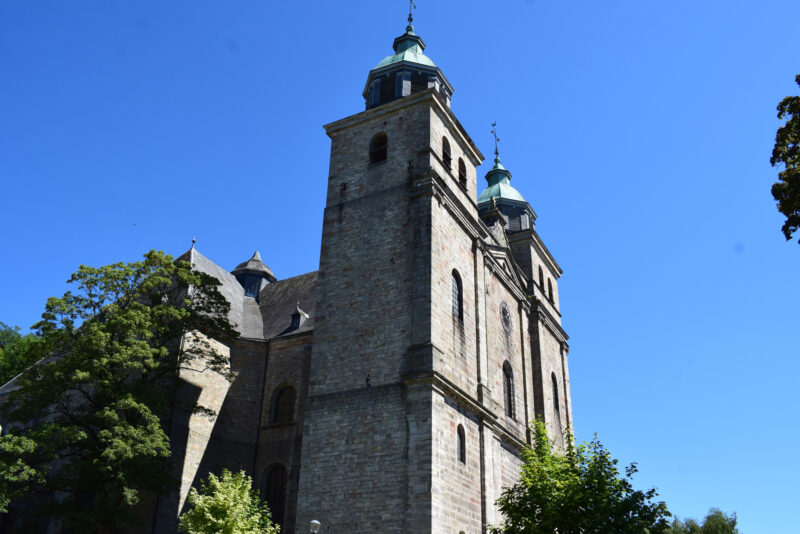 Steinerne Kirche mit zwei hohen Türmen und grünlichen Kupferdächern vor einem klaren, blauen Himmel. Das Gebäude weist historische Architekturdetails auf, und Bäume im Vordergrund sorgen für ein harmonisches Gesamtbild.