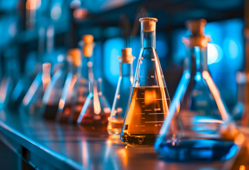 Reihe von mit bunten Flüssigkeiten gefüllten Laborflaschen in einem modernen wissenschaftlichen Labor.