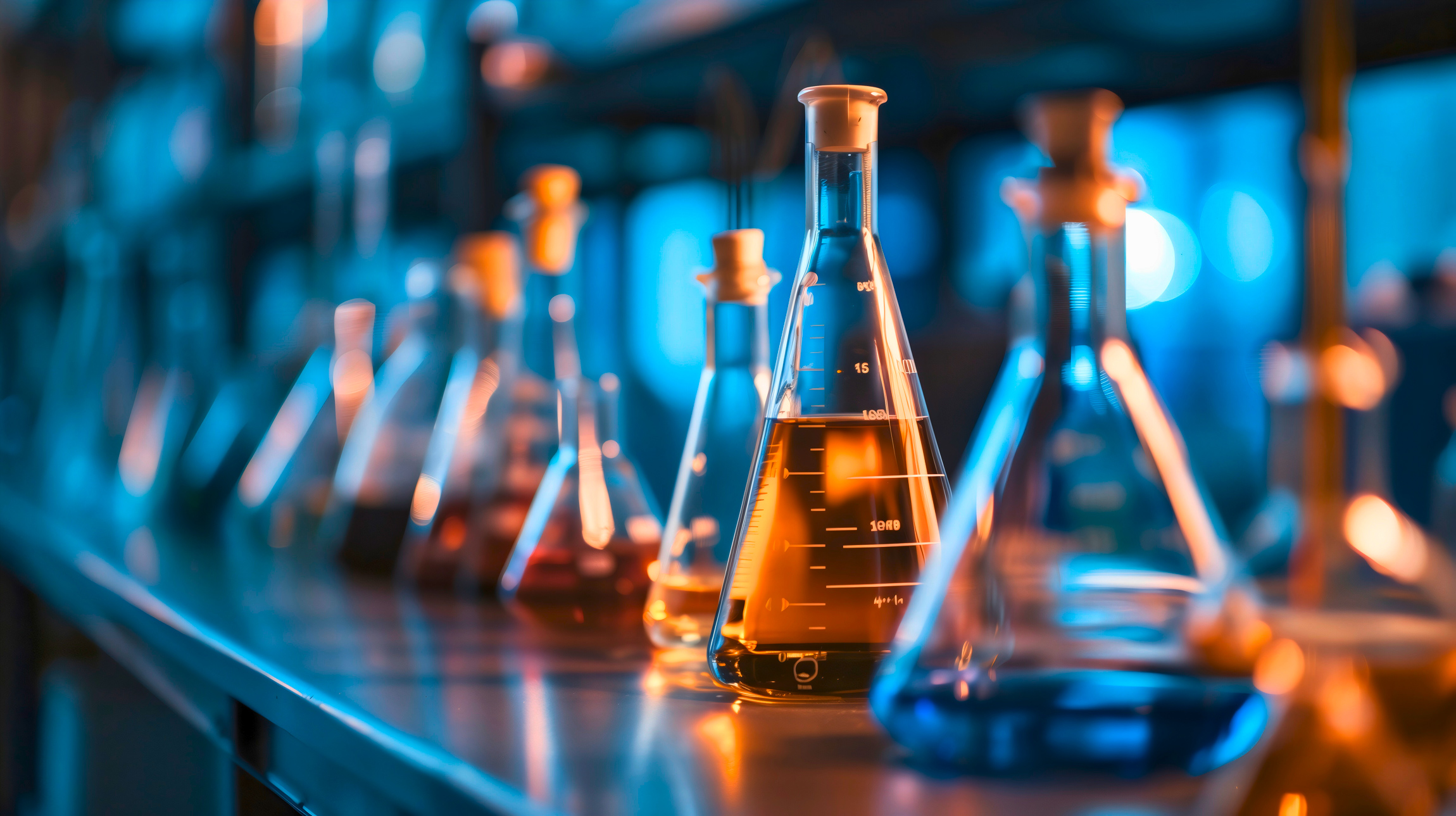 Reihe von mit bunten Flüssigkeiten gefüllten Laborflaschen in einem modernen wissenschaftlichen Labor.