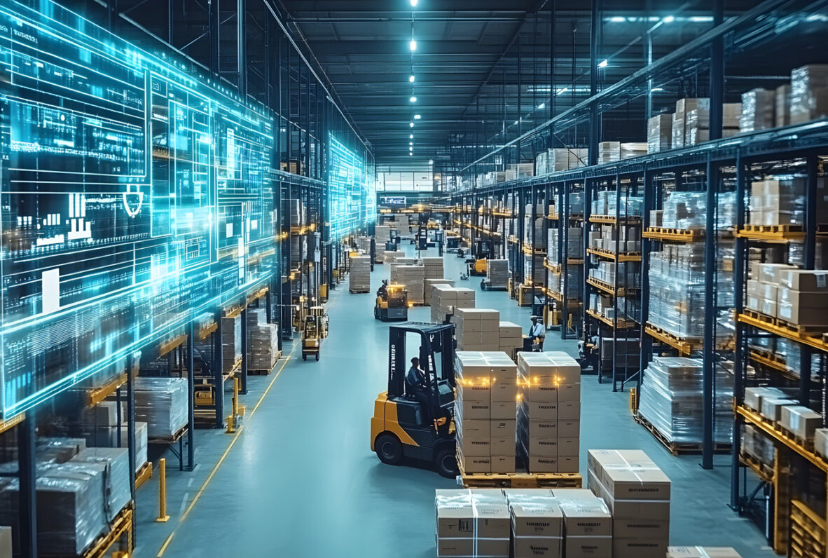 Lagerhalle mit Paletten und Kartons, in der Gabelstapler arbeiten. Eine holografische Projektion mit digitalen Daten und Analysen wird an der Wand angezeigt.