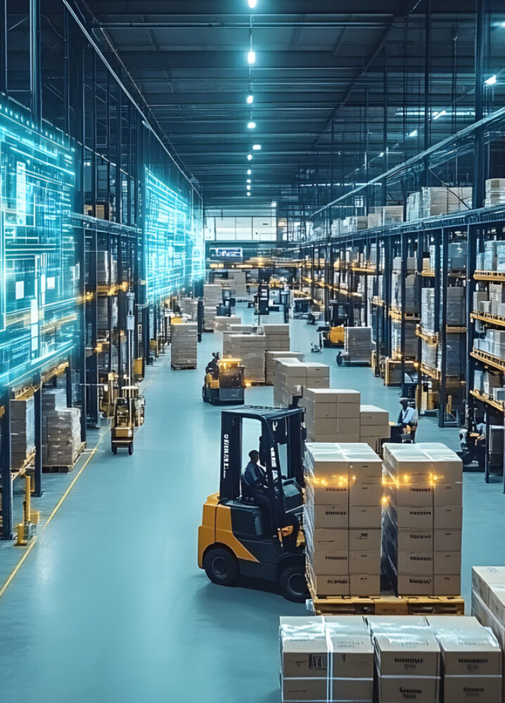 Lagerhalle mit Paletten und Kartons, in der Gabelstapler arbeiten. Eine holografische Projektion mit digitalen Daten und Analysen wird an der Wand angezeigt.