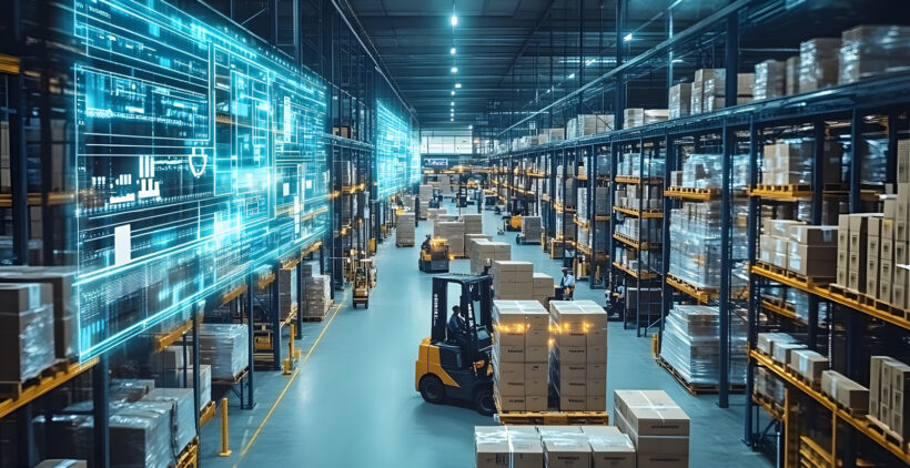 Lagerhalle mit Paletten und Kartons, in der Gabelstapler arbeiten. Eine holografische Projektion mit digitalen Daten und Analysen wird an der Wand angezeigt.