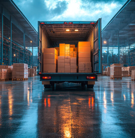 Rückansicht eines offenen Lieferwagens in einem modernen Logistikzentrum bei Abenddämmerung, umgeben von Paletten mit Kartons.