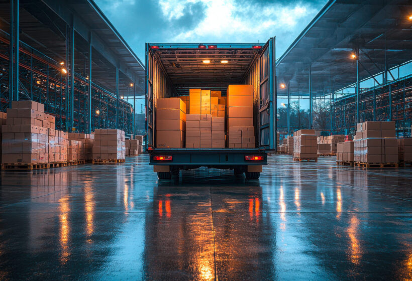 Rückansicht eines offenen Lieferwagens in einem modernen Logistikzentrum bei Abenddämmerung, umgeben von Paletten mit Kartons.