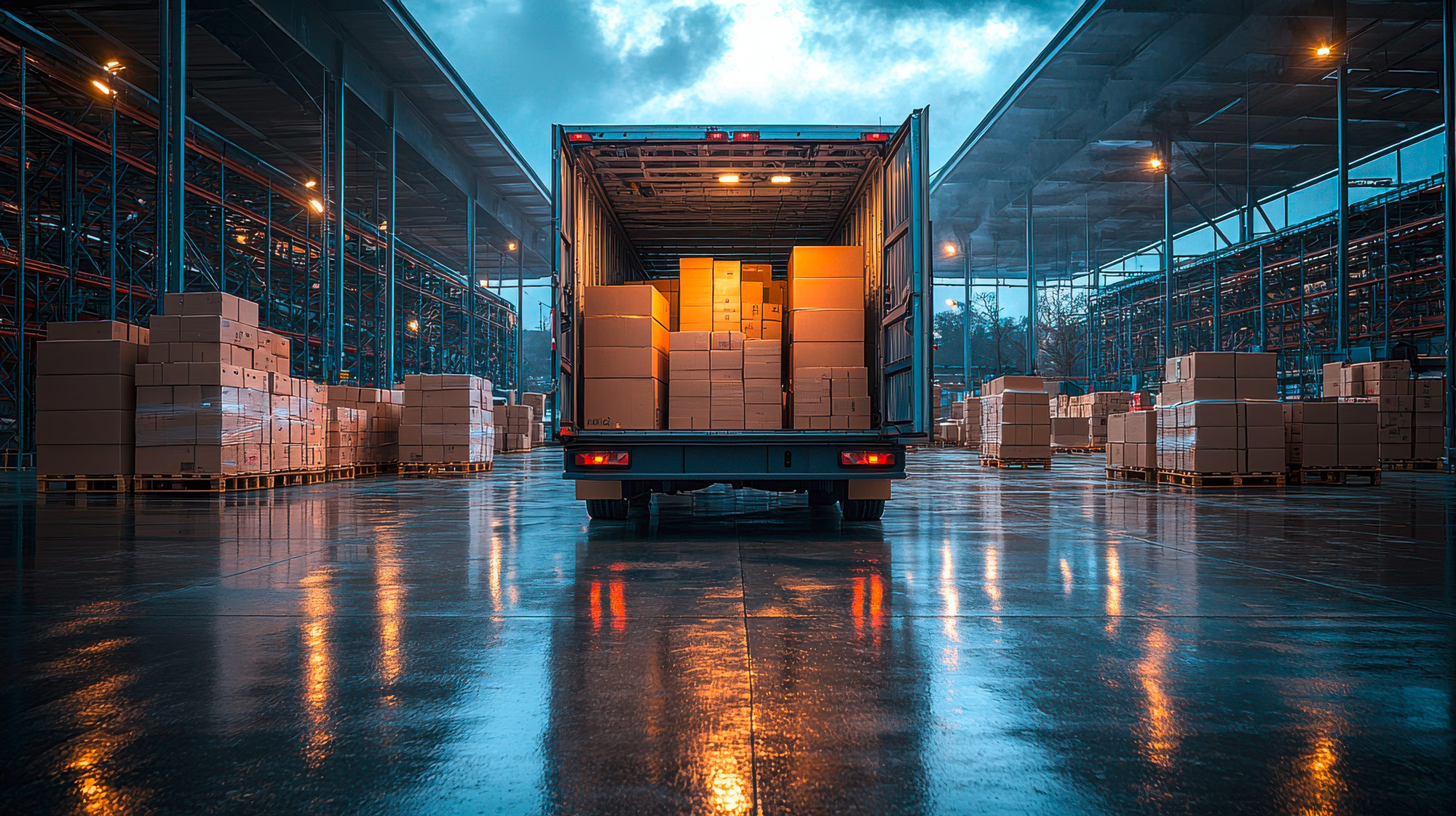 Rückansicht eines offenen Lieferwagens in einem modernen Logistikzentrum bei Abenddämmerung, umgeben von Paletten mit Kartons.