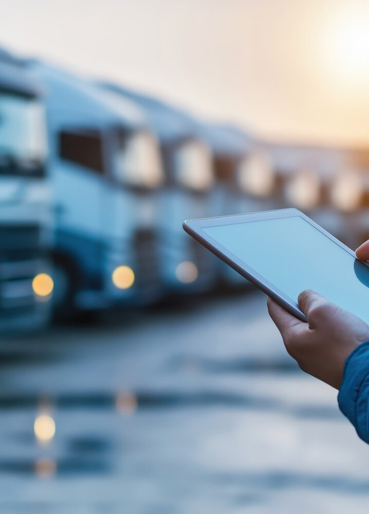 Person in blauer Jacke hält ein Tablet in den Händen, während im Hintergrund mehrere Lastwagen in einer Reihe geparkt stehen. Die Szene ist in warmes Abendlicht getaucht.