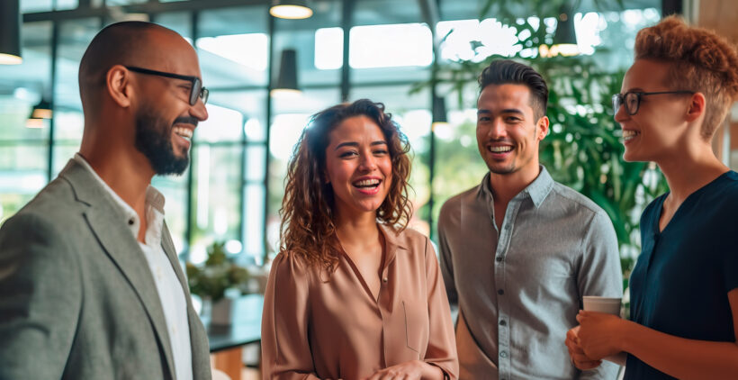 Lachende Gruppe von vier Personen in einem modernen Büro mit großen Fenstern und Pflanzen, in entspannter Gesprächssituation.