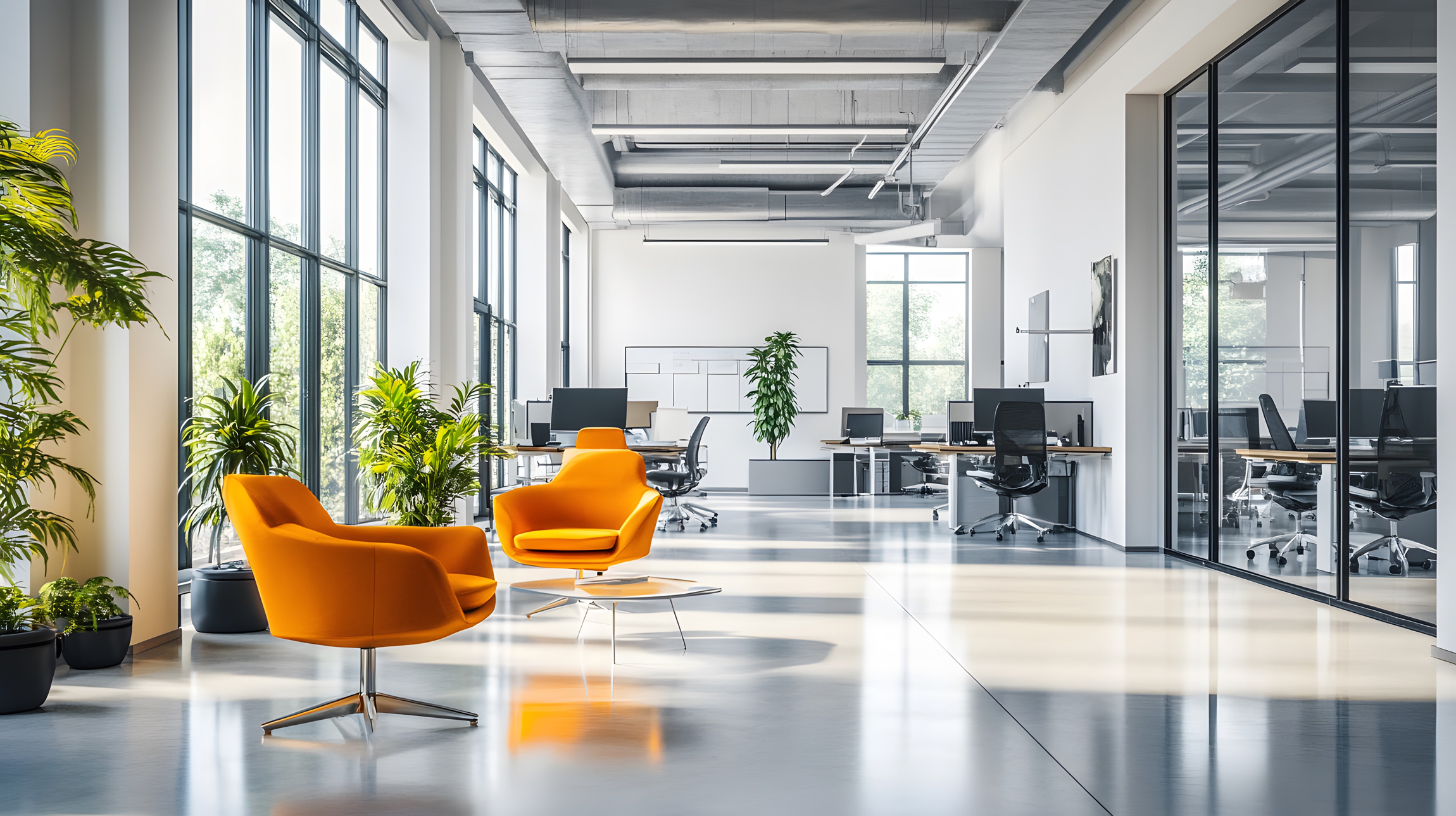 Modernes, lichtdurchflutetes Büro mit offenen Arbeitsplätzen und zwei auffälligen orangefarbenen Sesseln im Vordergrund, umgeben von grünen Pflanzen.
