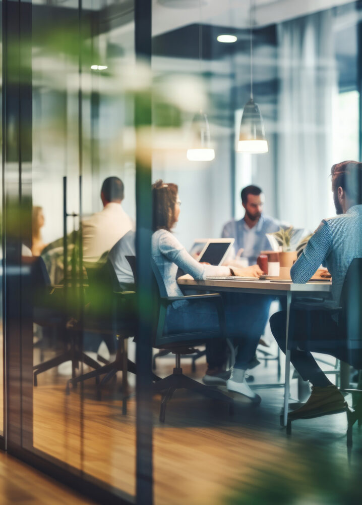 Ein Team sitzt in einem modernen Büro mit Glaswänden und bespricht gemeinsam Projekte. Die Teilnehmer arbeiten mit Laptops und Dokumenten in einer hellen und einladenden Umgebung.