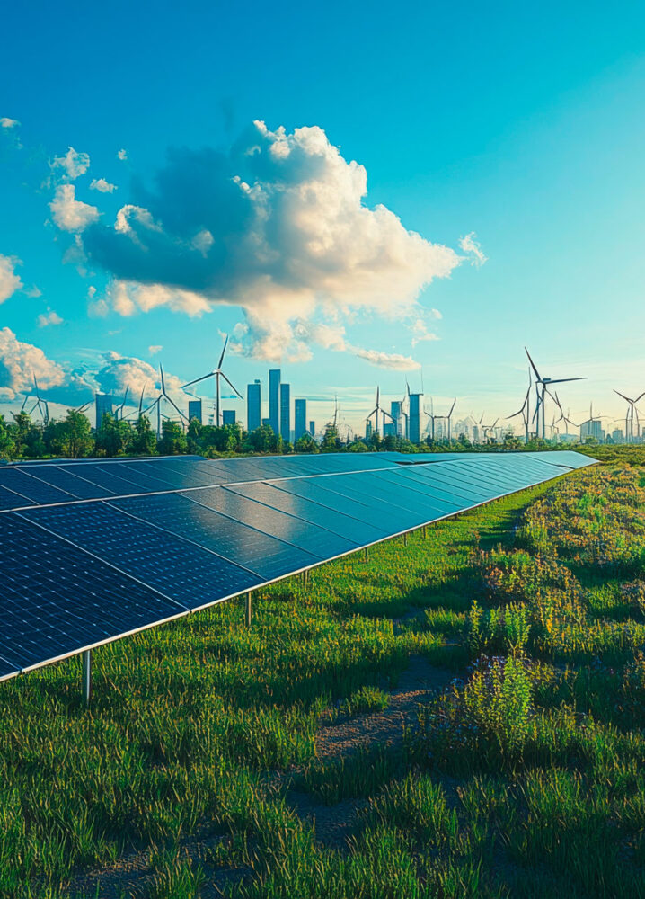 Solaranlagen und Windräder in einer grünen Landschaft bei Sonnenuntergang mit einer Stadt im Hintergrund.