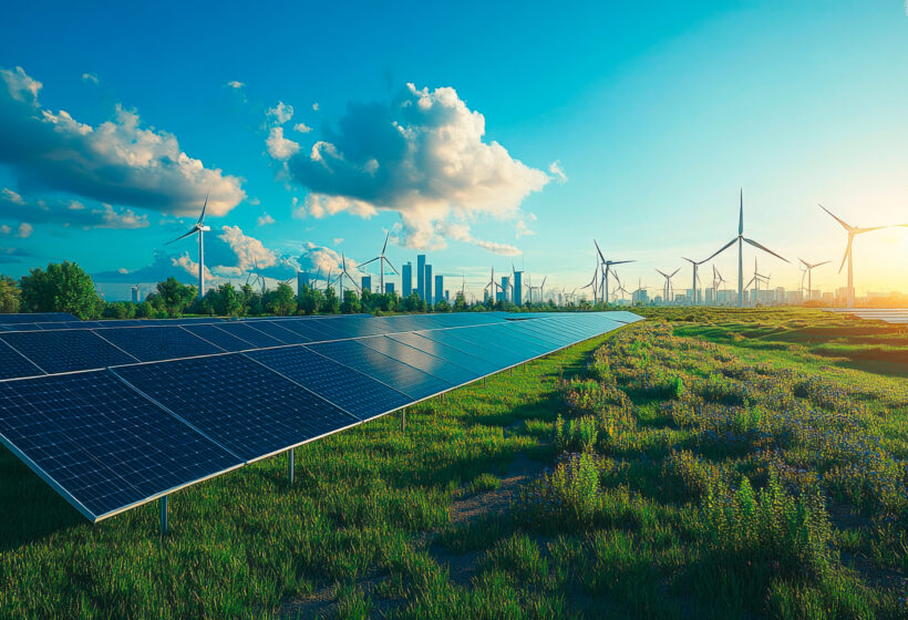 Solaranlagen und Windräder in einer grünen Landschaft bei Sonnenuntergang mit einer Stadt im Hintergrund.