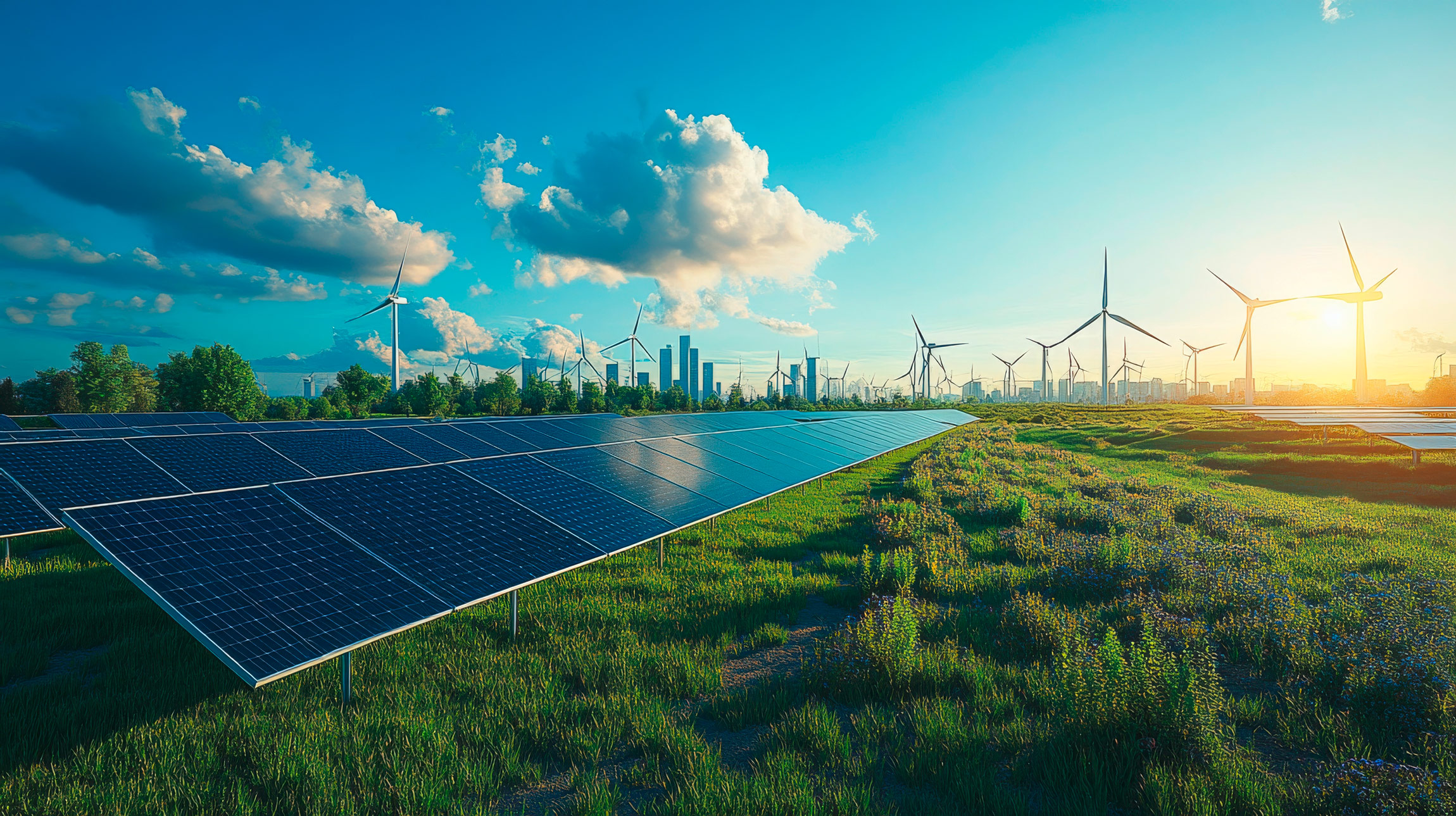 Solaranlagen und Windräder in einer grünen Landschaft bei Sonnenuntergang mit einer Stadt im Hintergrund.