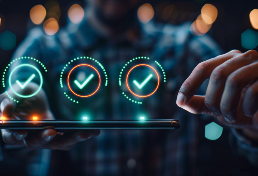 Person nutzt ein Smartphone mit digitalen Hologrammen und Häkchen-Symbolen, die über dem Gerät schweben.