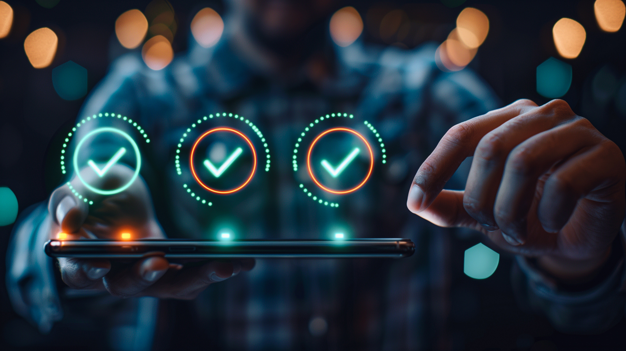 Person nutzt ein Smartphone mit digitalen Hologrammen und Häkchen-Symbolen, die über dem Gerät schweben.
