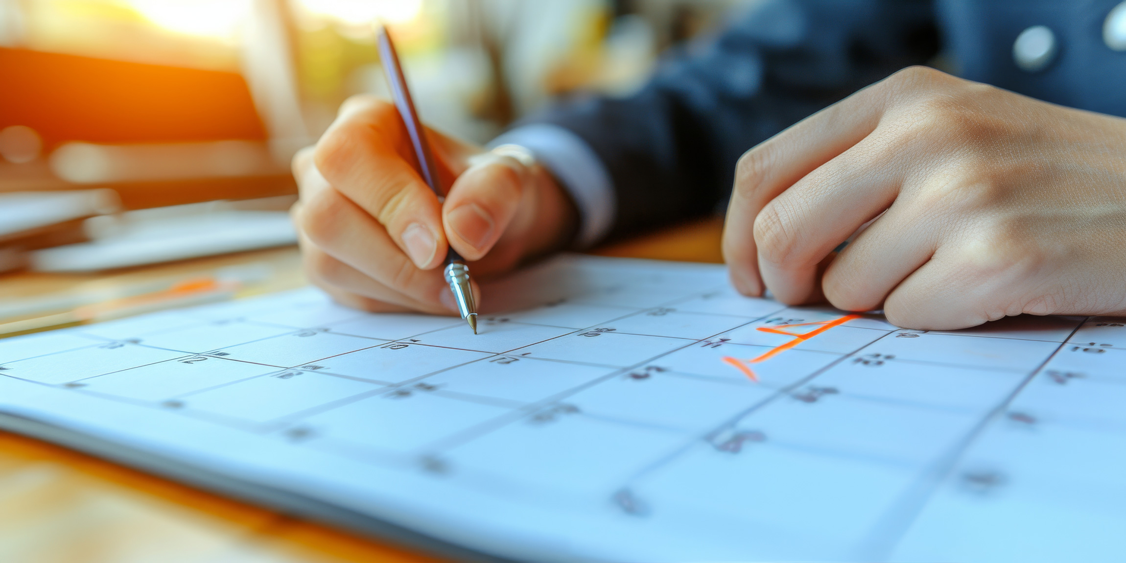 Hand einer Person, die mit einem Stift einen Termin in einem Kalender markiert, mit warmem Sonnenlicht im Hintergrund.
