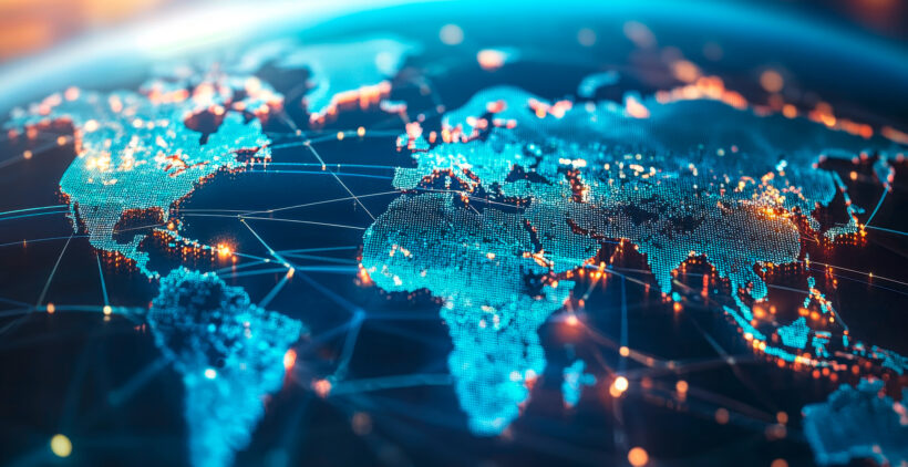 Digitale Weltkarte mit leuchtenden Punkten und Netzwerken auf allen Kontinenten.