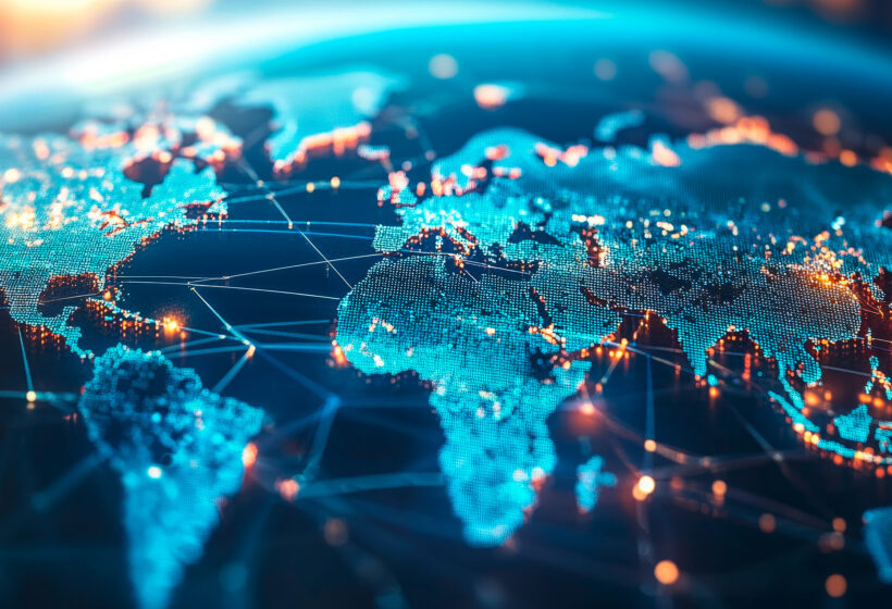 Digitale Weltkarte mit leuchtenden Punkten und Netzwerken auf allen Kontinenten.