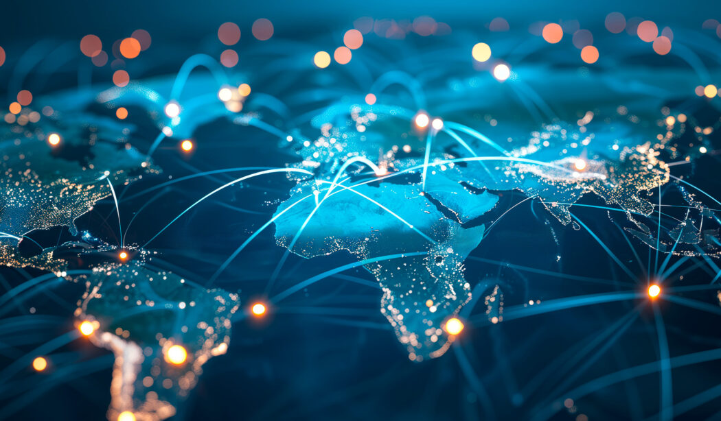 Leuchtende Weltkarte mit verbundenen Lichtpunkten, die globale Netzwerke und internationale Verbindungen symbolisieren.