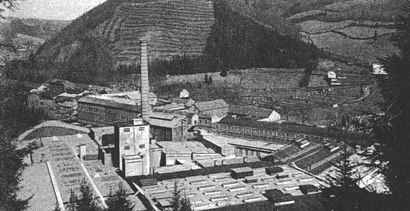 Historisches Schwarz-Weiß-Bild einer Industrieanlage in einer ländlichen Umgebung. Mehrere Fabrikgebäude mit Flachdächern und ein markanter Schornstein dominieren die Szene. Im Hintergrund sind bewaldete Hügel und Felder zu sehen, die das industrielle Zentrum umgeben.