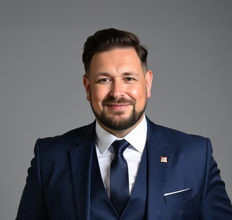 Sascha Brandt, Vice President UK/Benelux bei Norsk Hydro, im dunkelblauen Anzug vor grauem Hintergrund.
